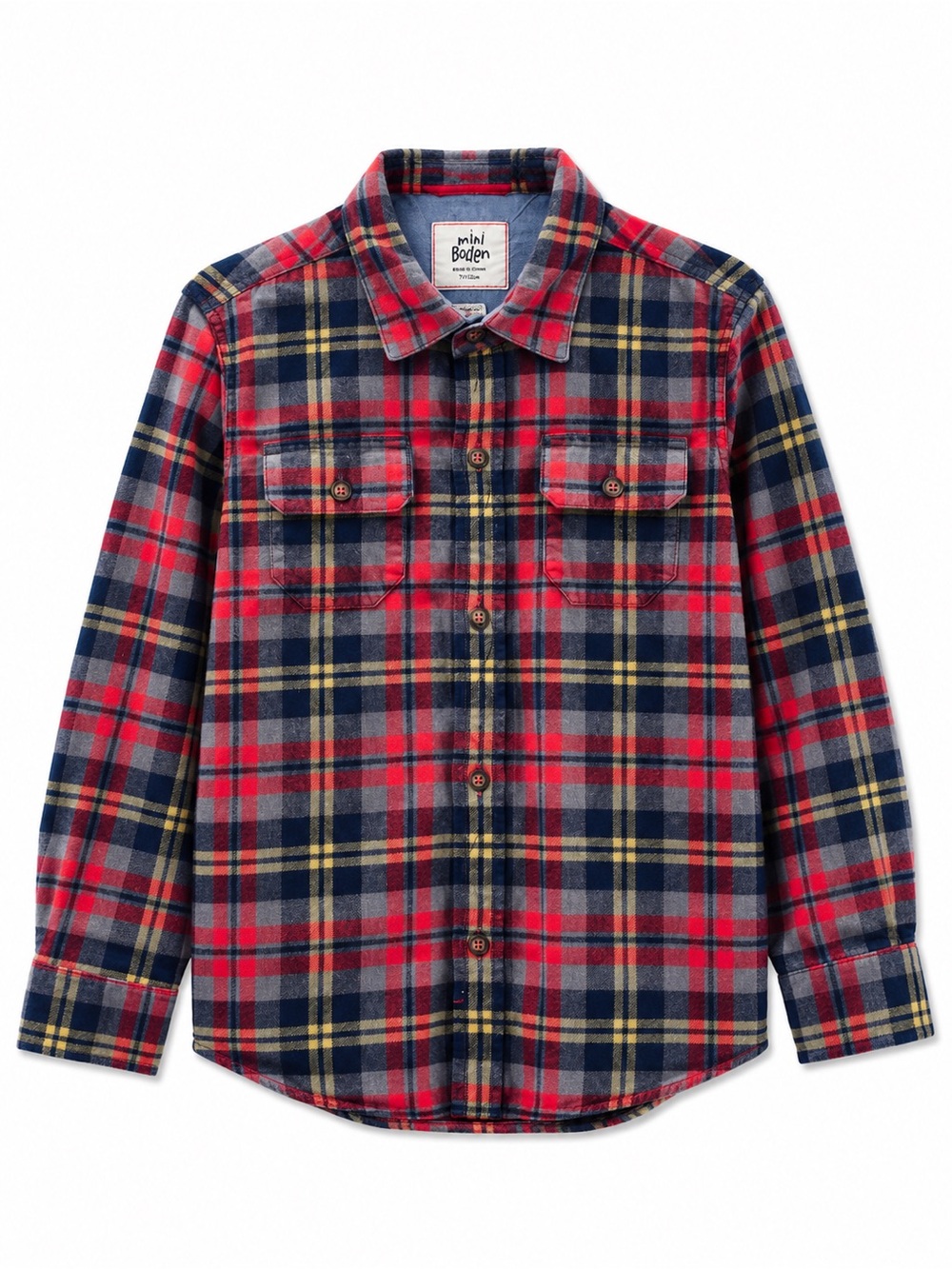 mini Boden Flannel Button-Down Shirt, red gray navy